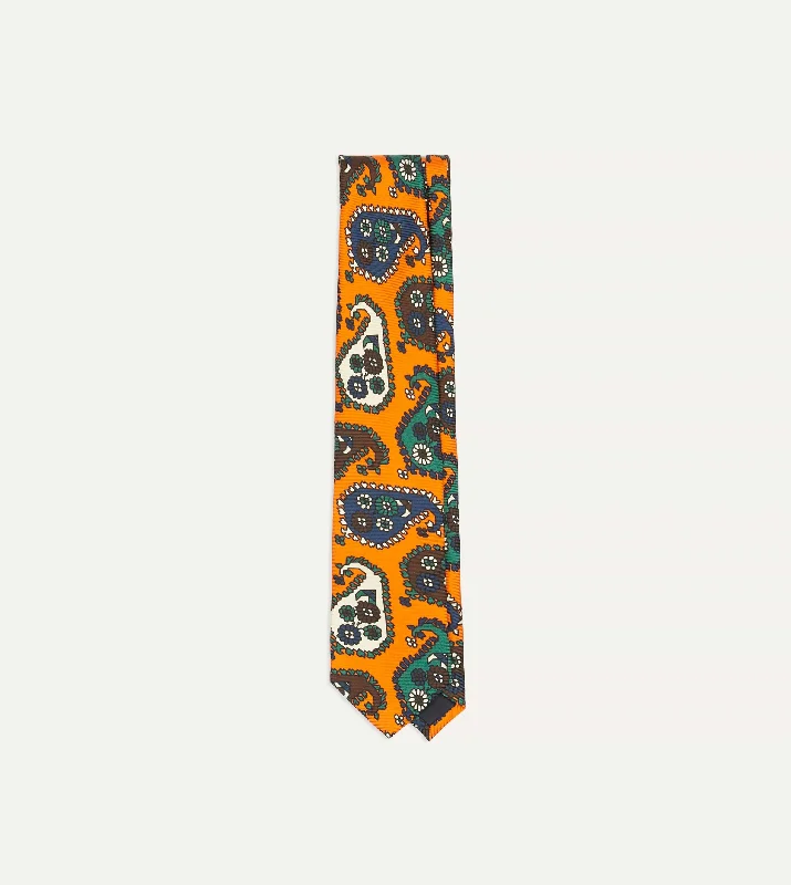 Orange Geometric Paisley Print Twill Silk Tie