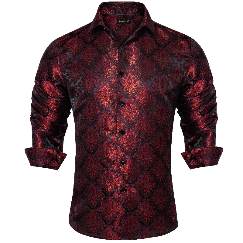 DiBanGu Black Red Floral Silk Men's Shirt