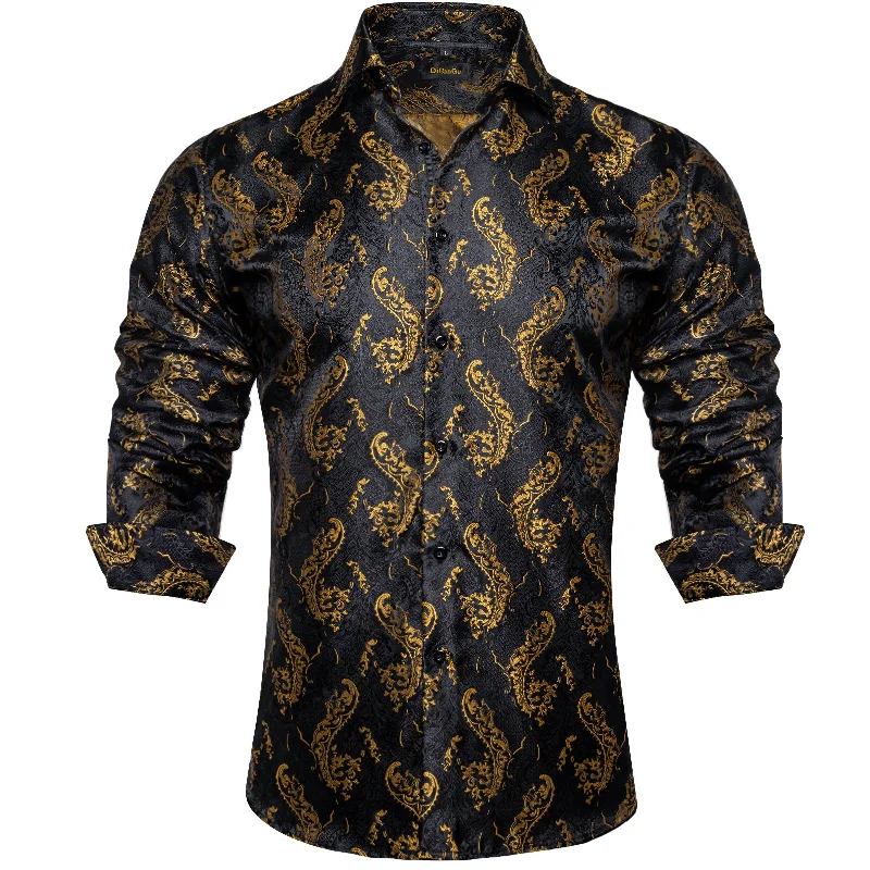 DiBanGu Black Golden Paisley Silk Men's Button Up Slim-Fit Shirt