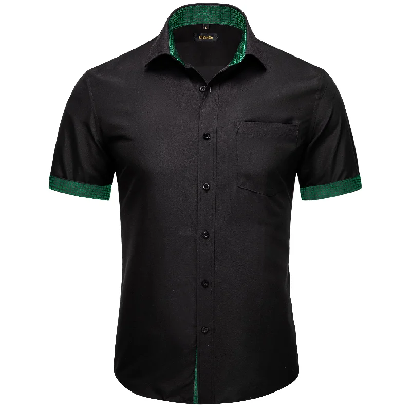 DiBanGu Black Green Lattice Panel Men's Slim Short Sleeve Shirt