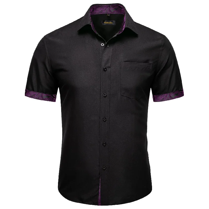 DiBanGu Black Purple Floral Panel Men's Slim Short Sleeve Shirt