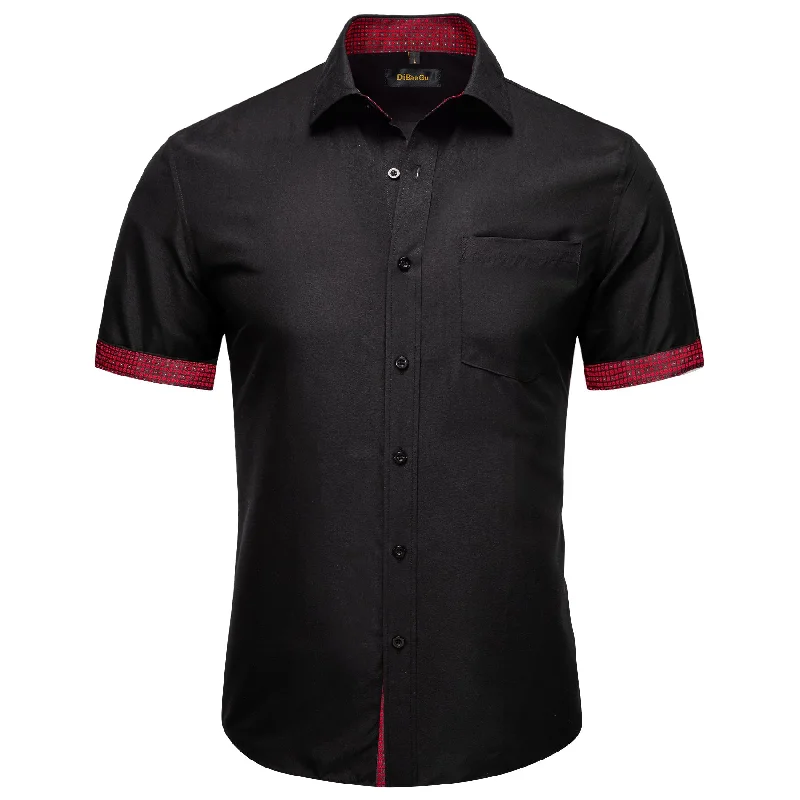 DiBanGu Black Red Lattice Panel Men's Slim Short Sleeve Shirt