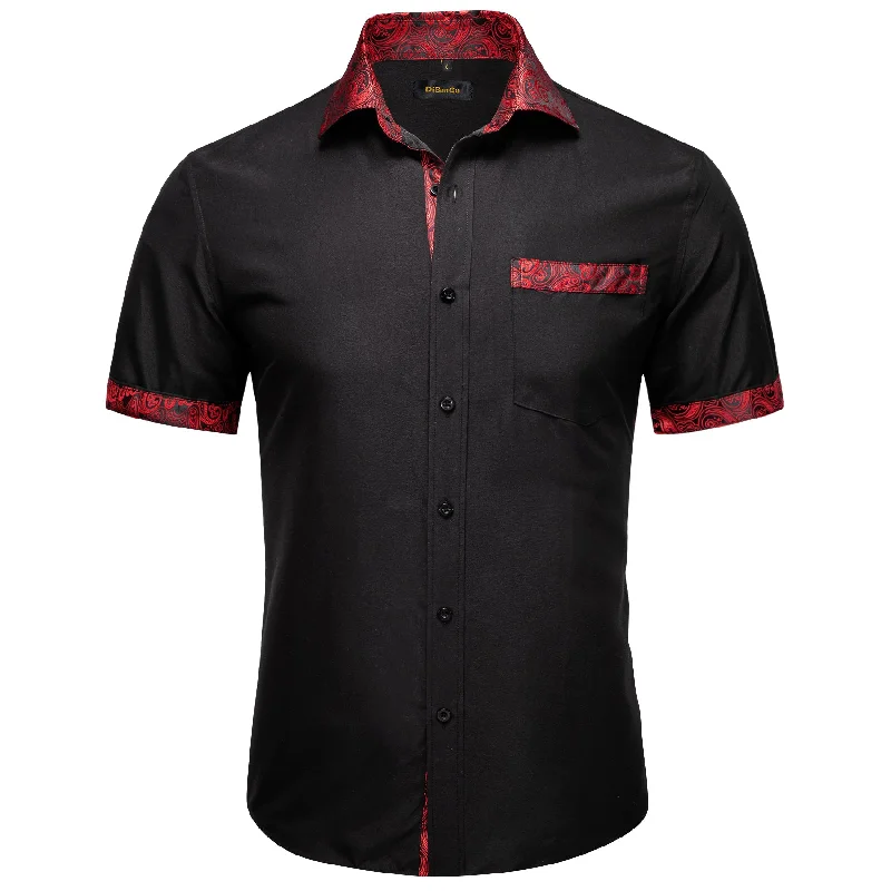 DiBanGu Black Red Paisley Panel Men's Slim Short Sleeve Shirt