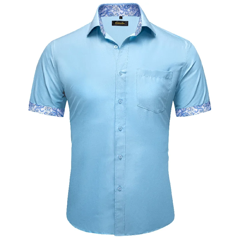 DiBanGu Blue Solid Panel Men's Slim Short Sleeve Shirt