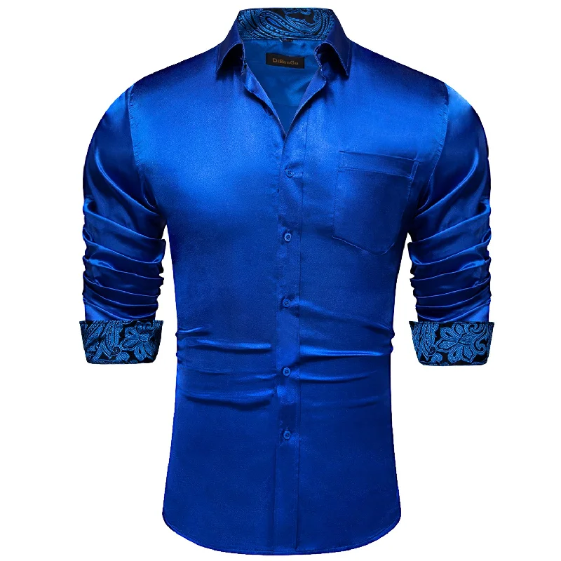 DiBanGu Blue Satin Solid Dress Shirt