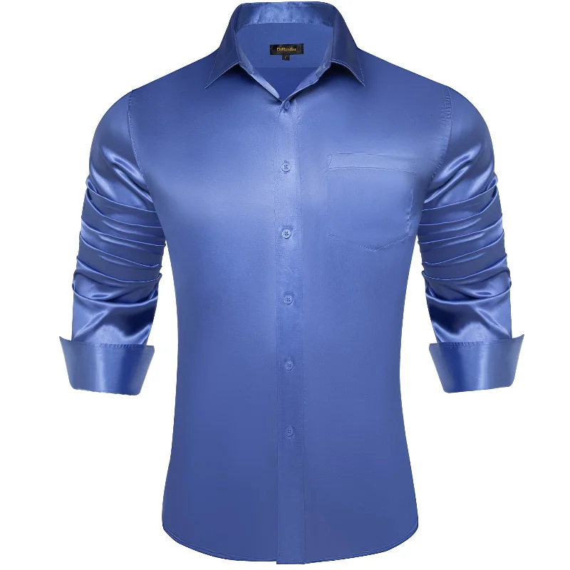 DiBanGu Blue Shirt Azure Solid Men's Long Sleeve Button Up Collared Shirt Top