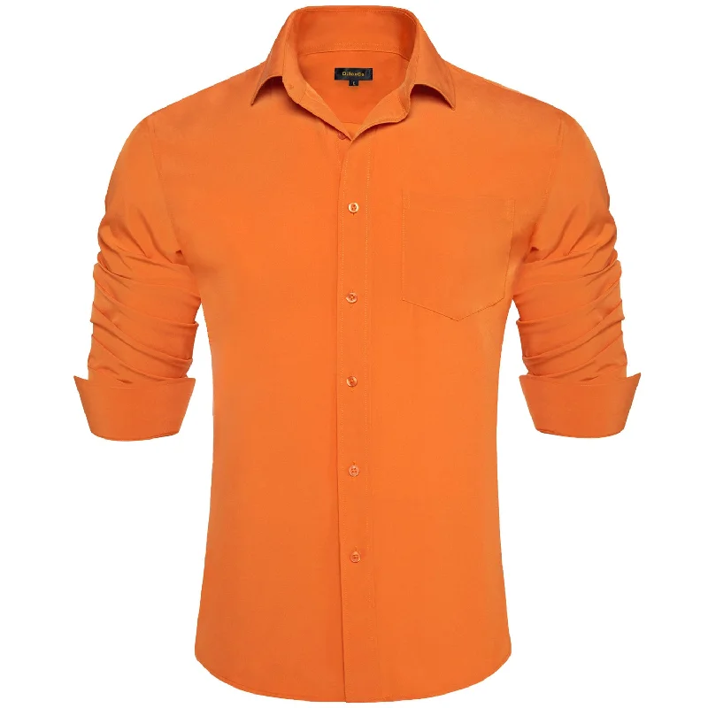 DiBanGu Button Down Shirt Carrot Orange Solid Men's Silk Long Sleeve Shirt