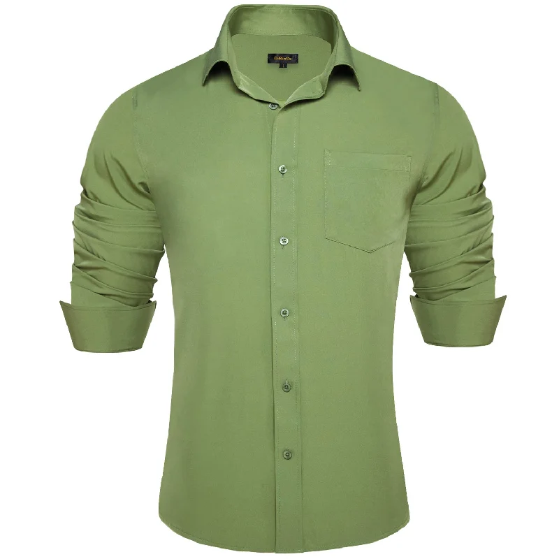 DiBanGu Button Down Shirt Dark Sea Green Solid Men's Silk Long Sleeve Shirt Classic