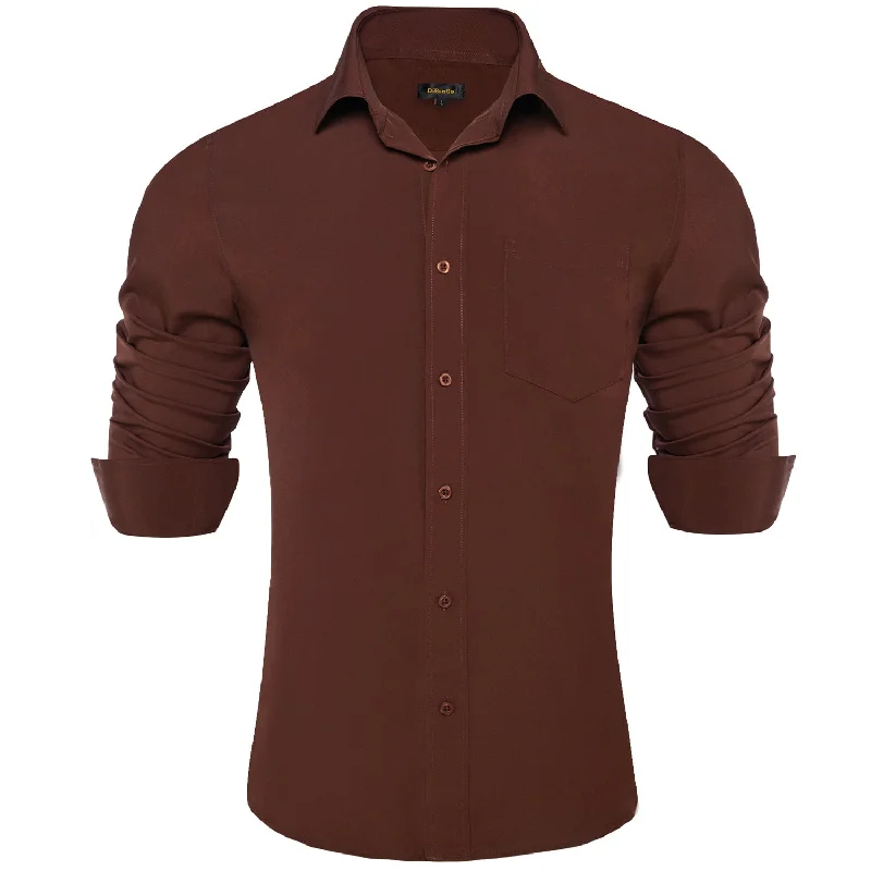 DiBanGu Button Down Shirt Pecan Brown Solid Silk Men's Shirt Classic Hot