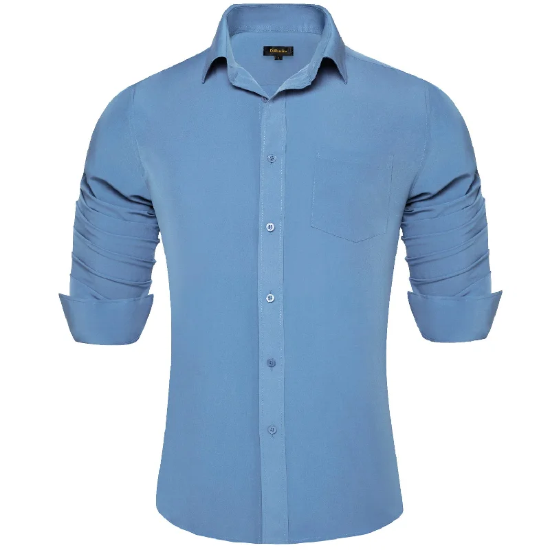 DiBanGu Button Down Shirt Steel Blue Solid Silk Men's Long Sleeve Shirt