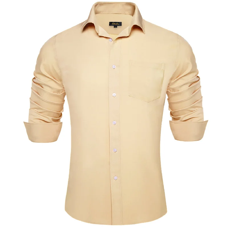 DiBanGu Button Down Shirt Wheat Solid Men's Silk Long Sleeve Shirt