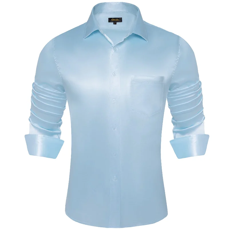 DiBanGu Collar Shirt Light Sky Blue Solid Men's Long Sleeve Button Up Shirt Jacket