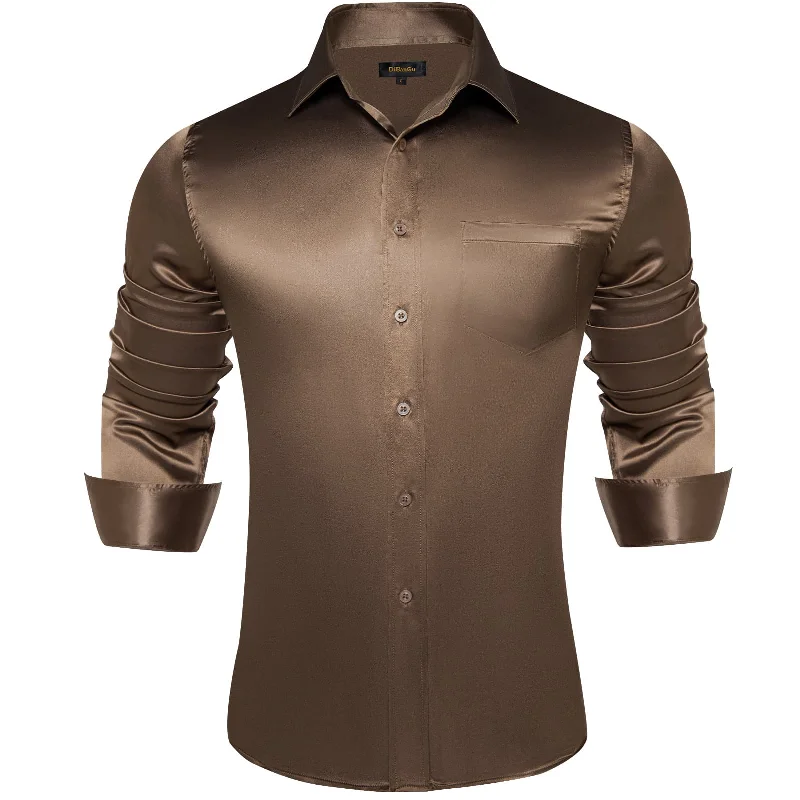 DiBanGu Collared Shirt Chocolate Brown Solid Men's Button Down Shirt Top