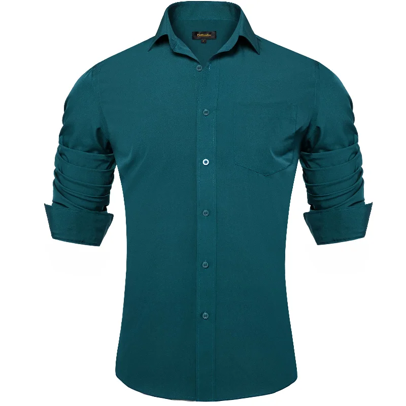 DiBanGu Cyan-blue Solid Silk Men's Business Shirt