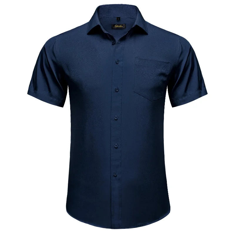 DiBanGu Dark Blue Solid Men's Slim Short Sleeve Shirt