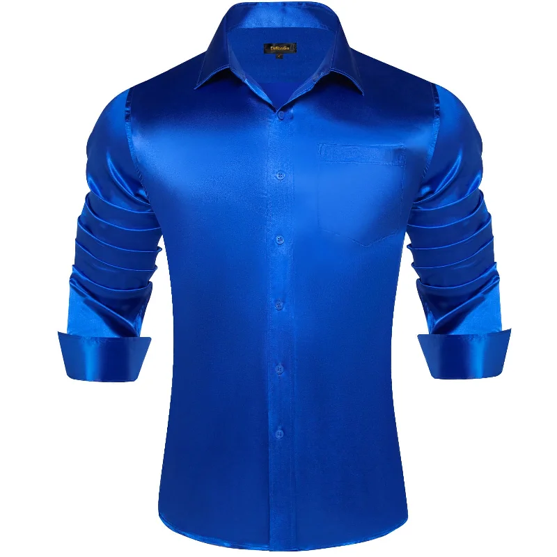 DiBanGu Dress Shirt Cobalt Blue Satin Solid Long Sleeve Button Up Shirt for Men