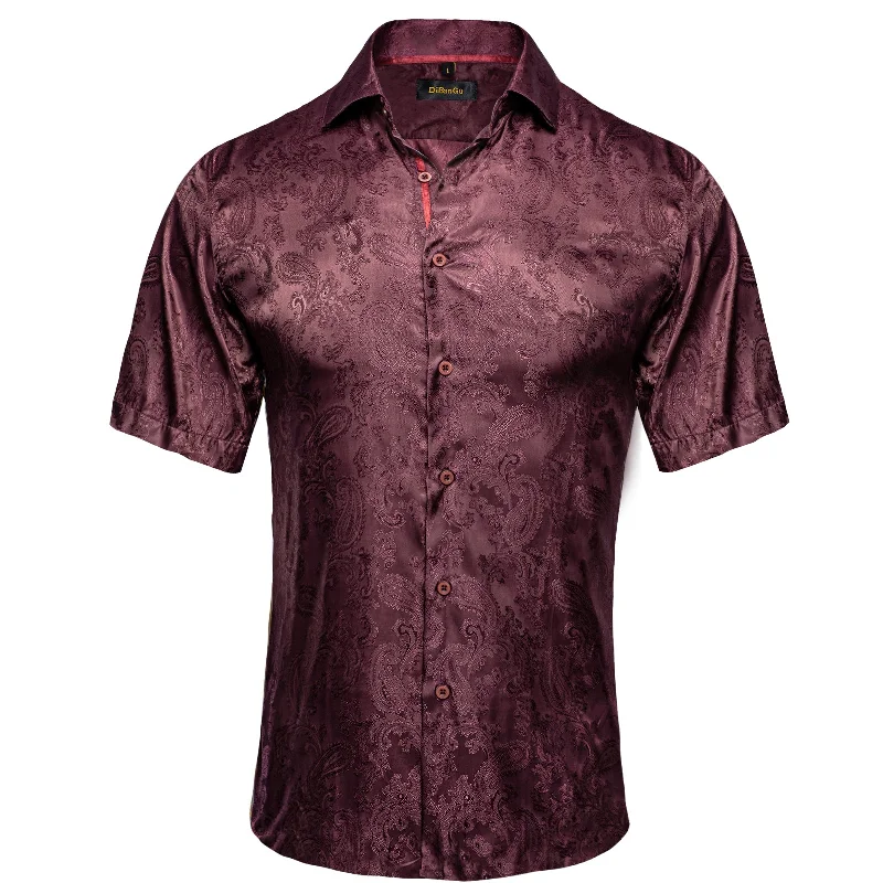 DiBanGu Red Brown Paisley Men's Slim Short Sleeve Shirt