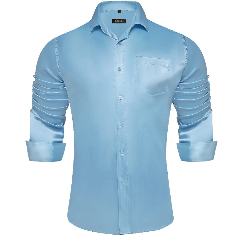 DiBanGu Long Sleeve Shirt Arctic Blue Solid Silk Satin Mens Dress Shirt