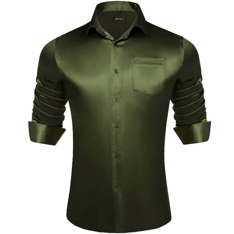 DiBanGu Long Sleeve Shirt Olive Drab Green Solid Satin Mens Dress Shirt