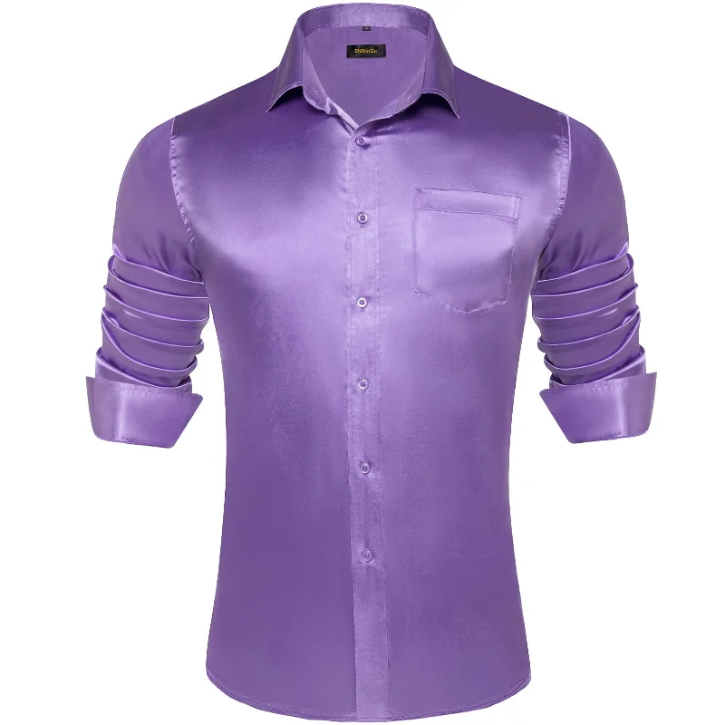 DiBanGu Long Sleeve Shirt Purple Orchid Solid Satin Men's Silk Shirt