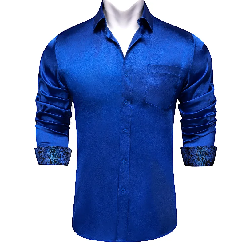 DiBanGu Men's Blue Satin Paisley Panel Dress Shirt