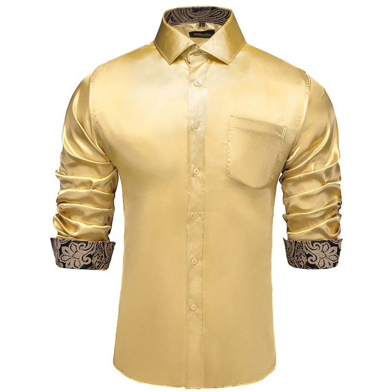 DiBanGu Men's Champagne gold Satin Solid Dress Shirt