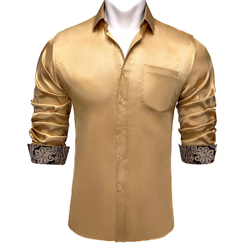 DiBanGu Men's Champagne Satin Panel Dress Shirt