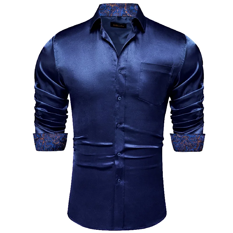 DiBanGu Men's Dark Blue Satin Floral Panel Dress Shirt