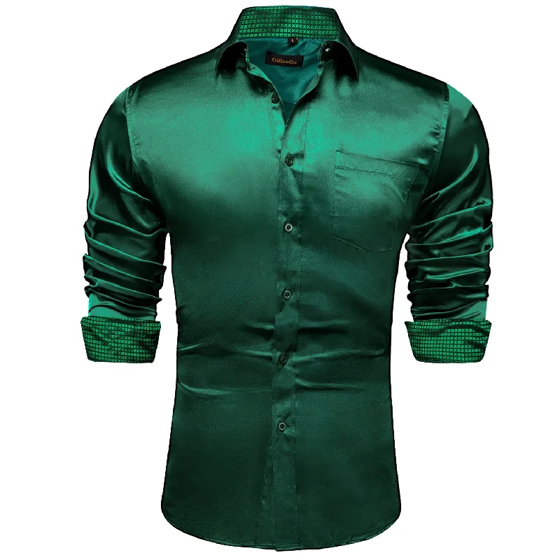 DiBanGu Men's Green Satin Dress Shirt For Men