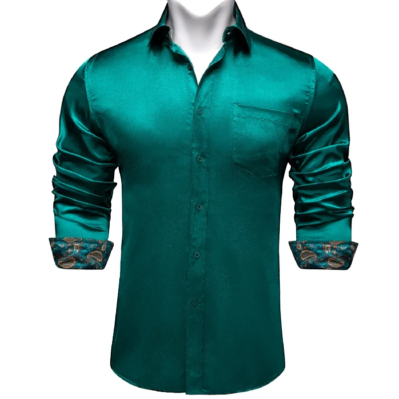 DiBanGu Men's Green Satin Solid Dress Shirt