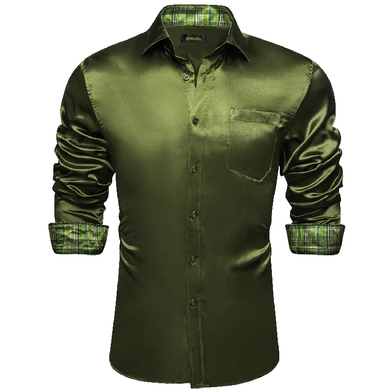 DiBanGu Men's Green Satin Solid Shirt