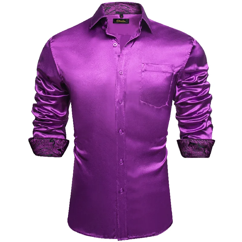 DiBanGu Men's Purple Satin Floral Panel Dress Shirt