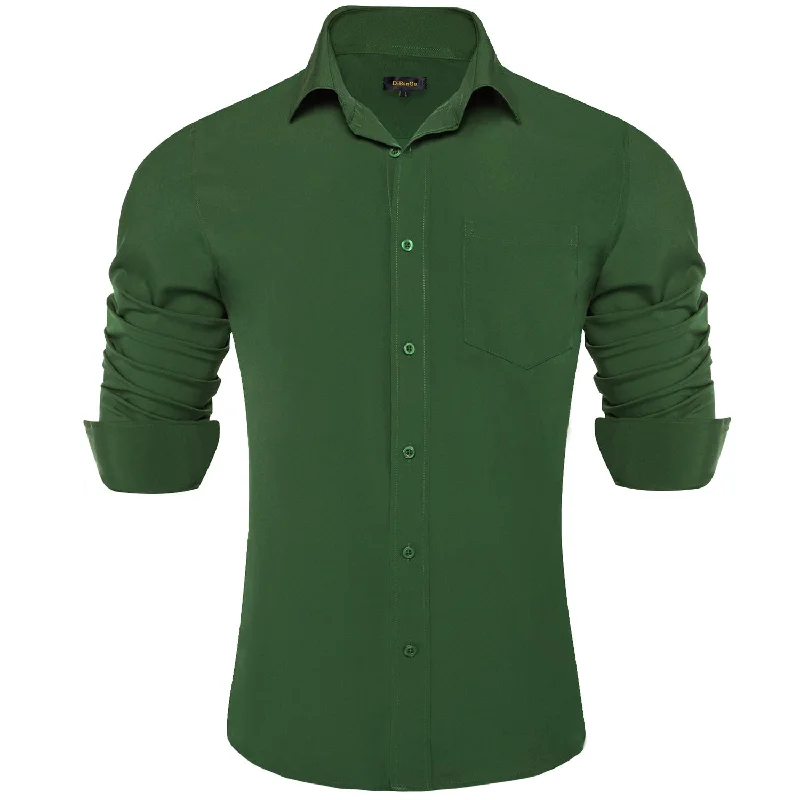 DiBanGu Men's Shirt Dark Olive Green Solid Silk Long Sleeve Shirt