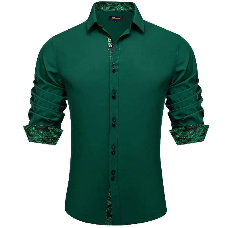 DiBanGu Men's Shirt Sapphire Pine Green Solid Silk Long Sleeve Shirt