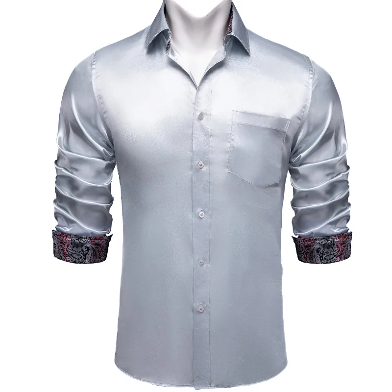 DiBanGu Men's Silver Grey Satin Solid Dress Shirt