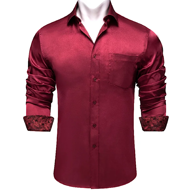 DiBanGu Men's Wine Red Solid Shirt