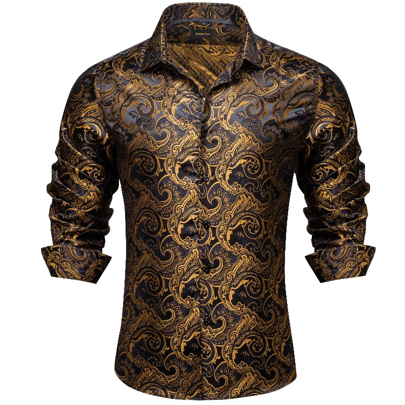 DiBanGu Black Golden Floral Silk Men's Shirt