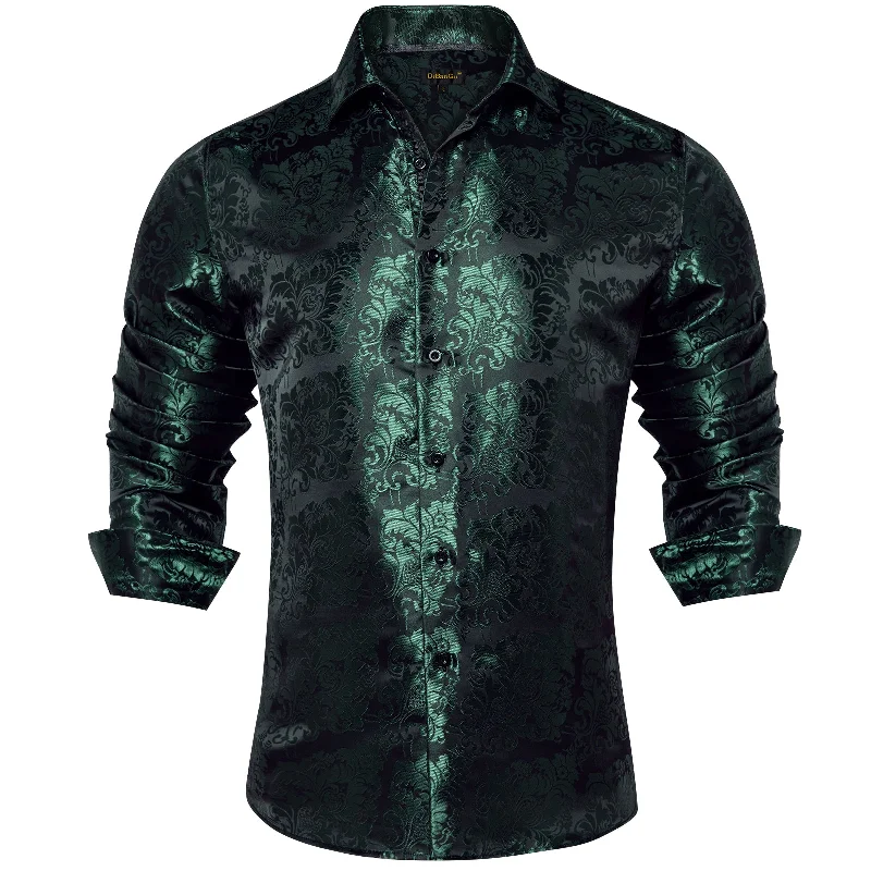 DiBanGu Black Green Floral Silk Men's Shirt