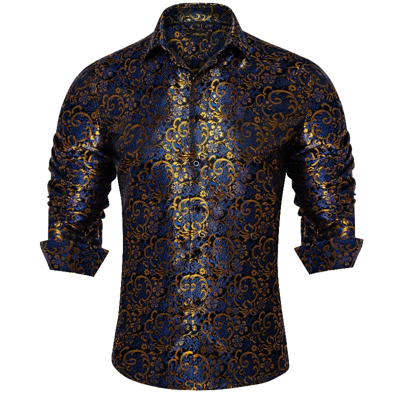 DiBanGu Blue Golden Floral Silk Men's Shirt