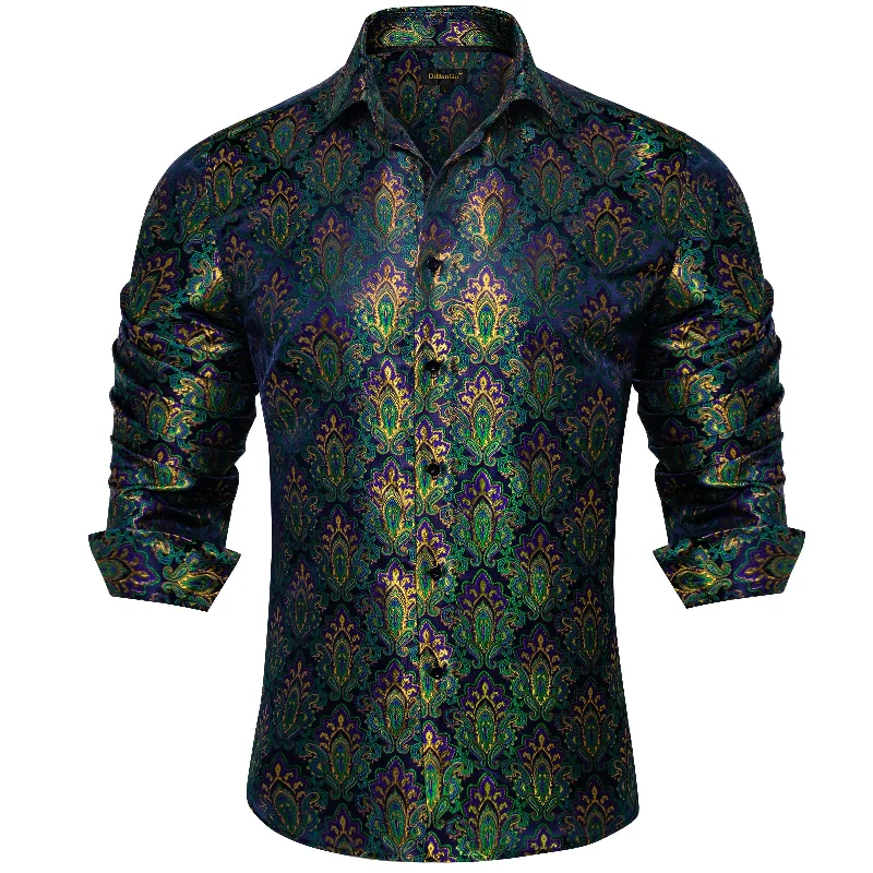 DiBanGu Blue Green Floral Silk Men's Shirt