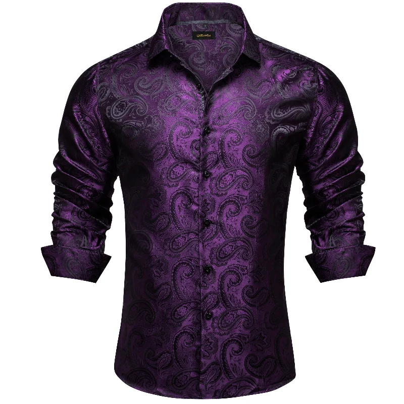 DiBanGu Deep Purple Floral Silk Men's Shirt