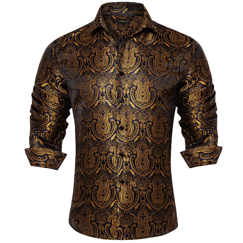 DiBanGu Golden Blue Floral Silk Men's Shirt