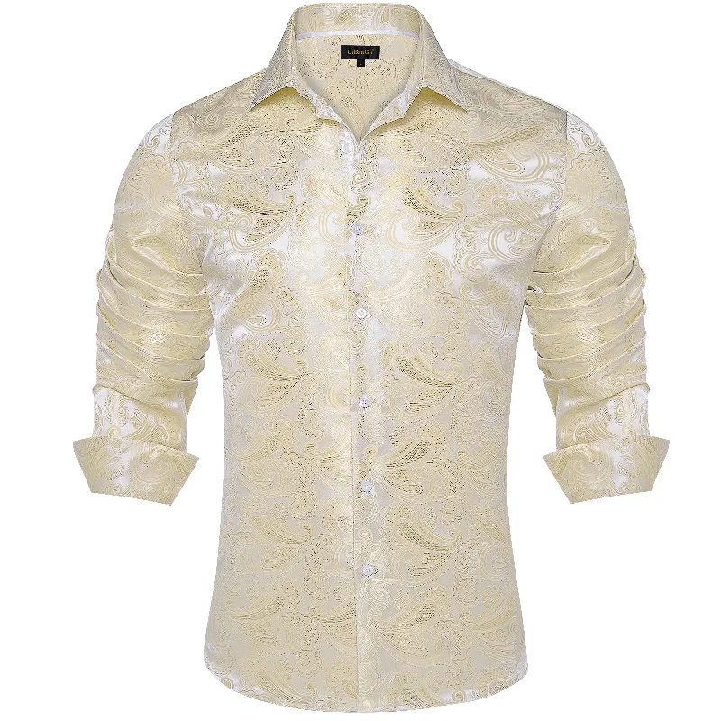 DiBanGu Shirts for Men Champagne White Floral Silk Men's Long Sleeve Shirt