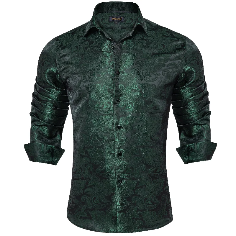 DiBanGu Shirts for Men Green Floral Silk Men's Long Sleeve Shirt