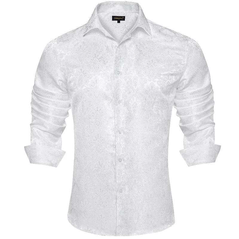 DiBanGu Shirts for Men White Floral Silk Men's Long Sleeve Shirt