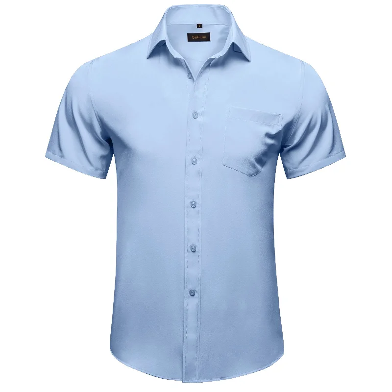 DiBanGu Sky Blue Solid Men's Slim Short Sleeve Shirt