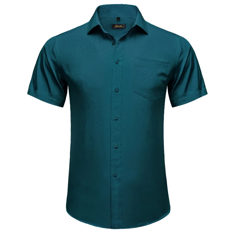 DiBanGu Teal Green Solid Men's Slim Short Sleeve Shirt