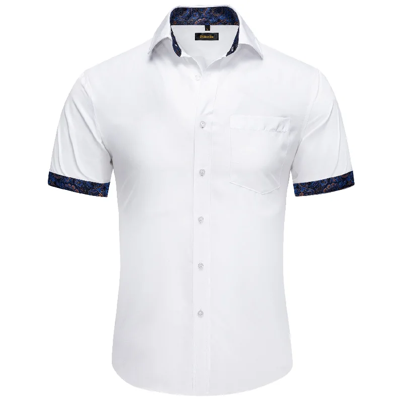 DiBanGu White Blue Floral Panel Men's Slim Short Sleeve Shirt