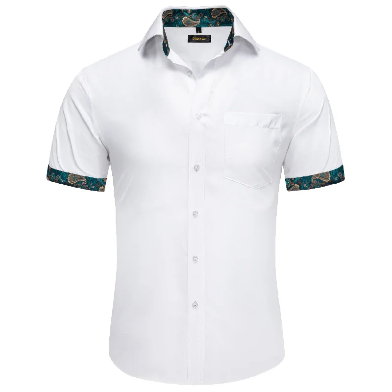 DiBanGu White Green Paisley Panel Men's Slim Short Sleeve Shirt