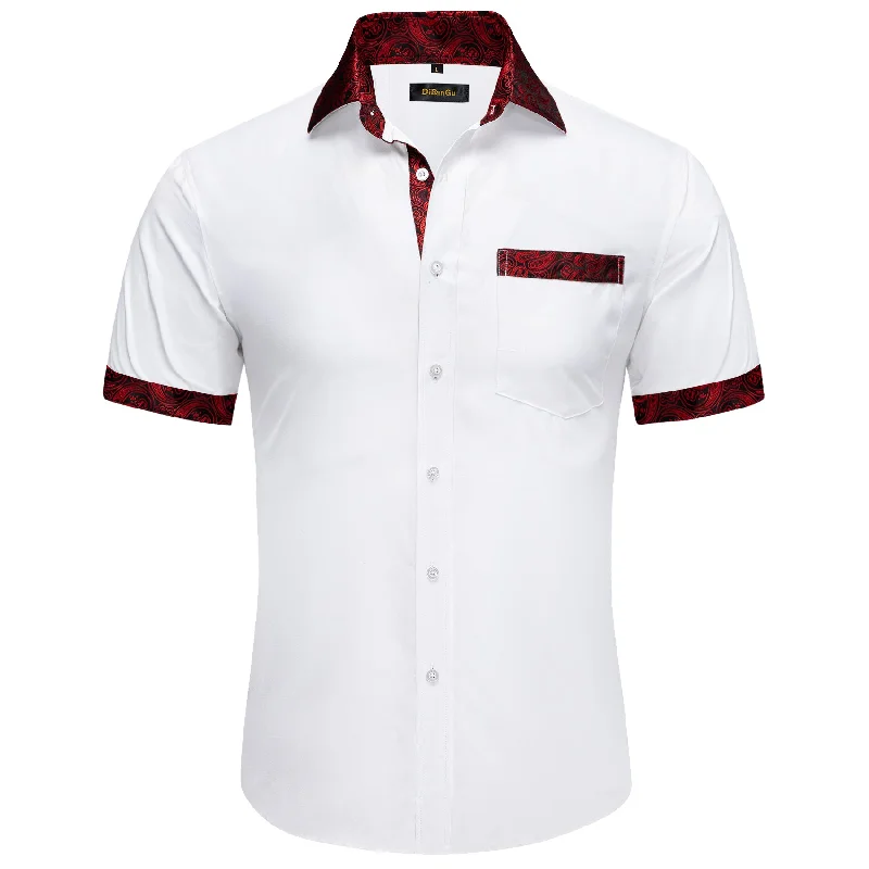 DiBanGu White Red Floral Panel Men's Slim Short Sleeve Shirt